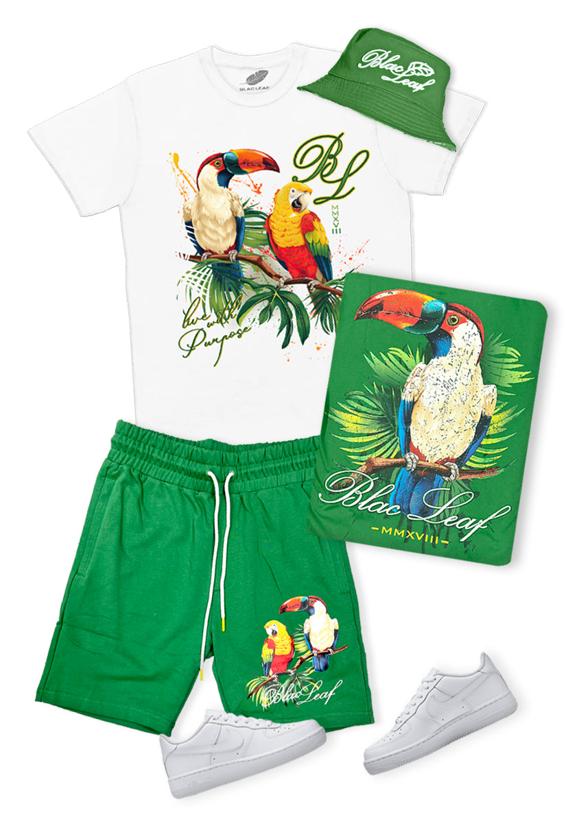 Blac Leaf Live with Purpose Toucan Parrot Tee, Paradise Shirt, Knit Shorts  & Bucket Hat Bundle