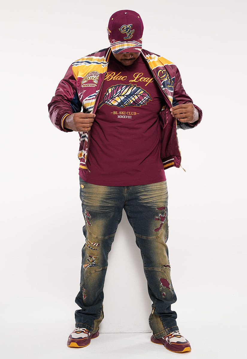 Blac Leaf Ski Club Bomber Jacket, Denim Jeans and Trucker Hat Bundle