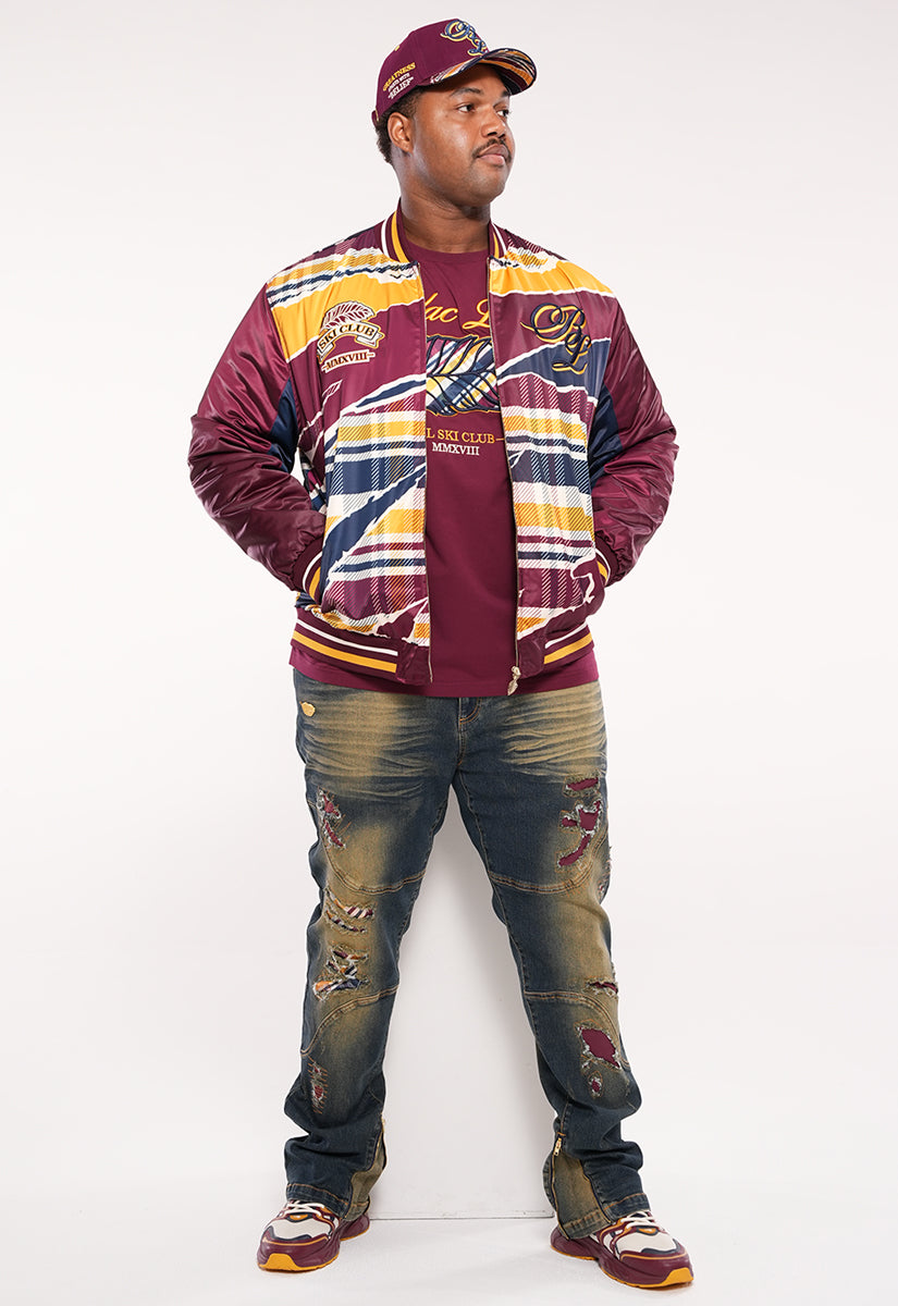 Blac Leaf Ski Club Bomber Jacket, Denim Jeans and Trucker Hat Bundle