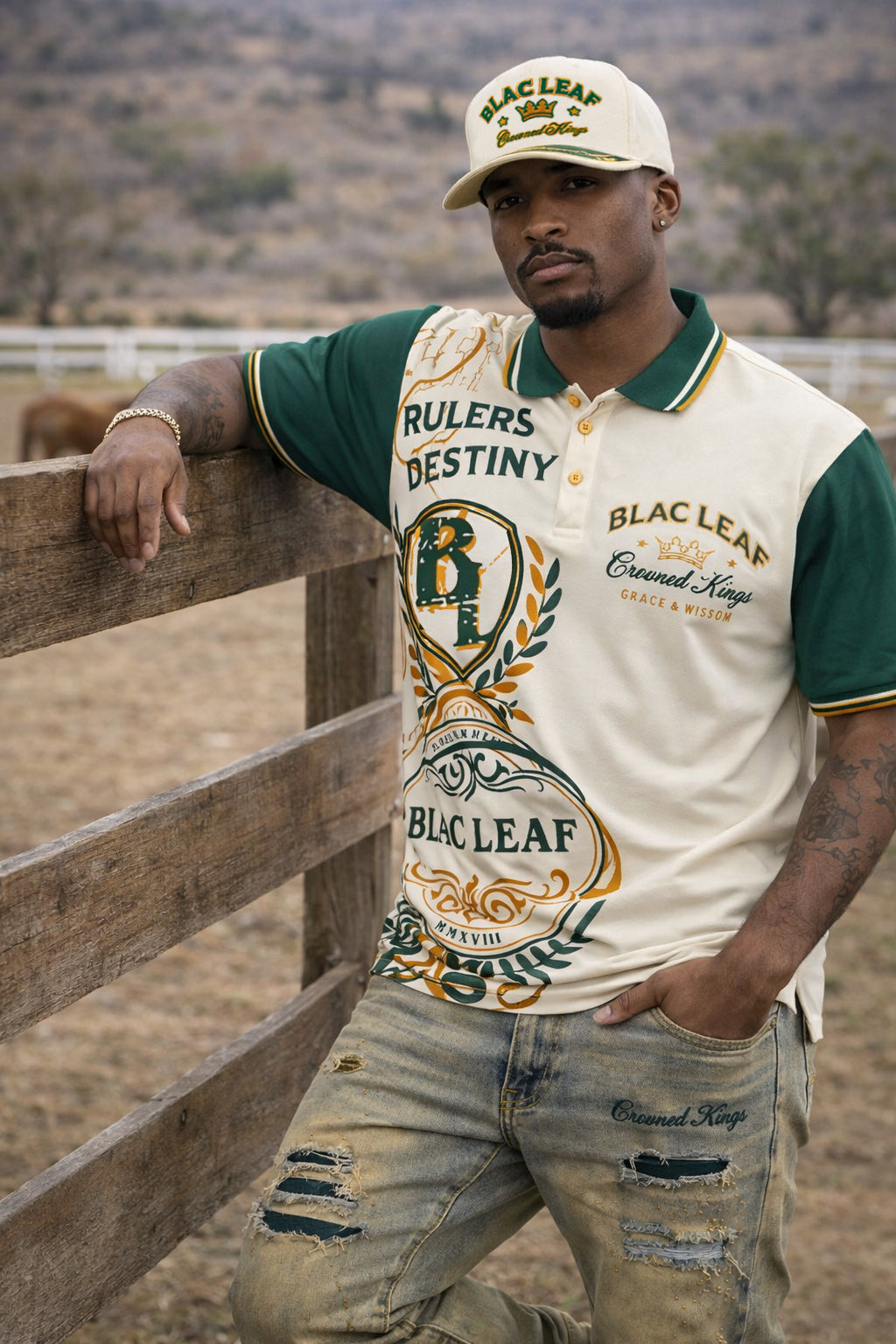 GRACE & WISDOM POLO SHIRT CREAM/GREEN – Blac Leaf