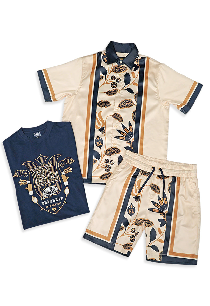 Ricko Silk Button Up Shirt, Embroidered Shirt, Silk Short and Strapback Hat Bundle