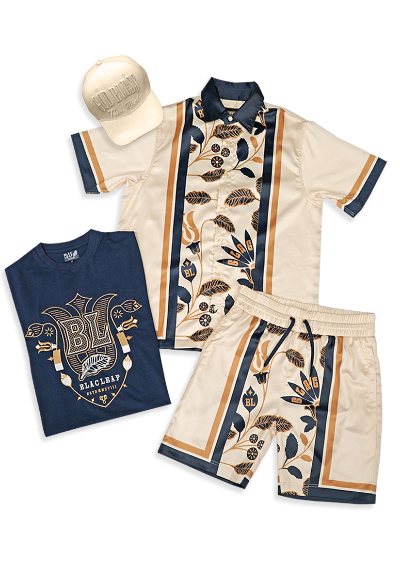 Ricko Silk Button Up Shirt, Embroidered Shirt, Silk Short and Strapback Hat Bundle