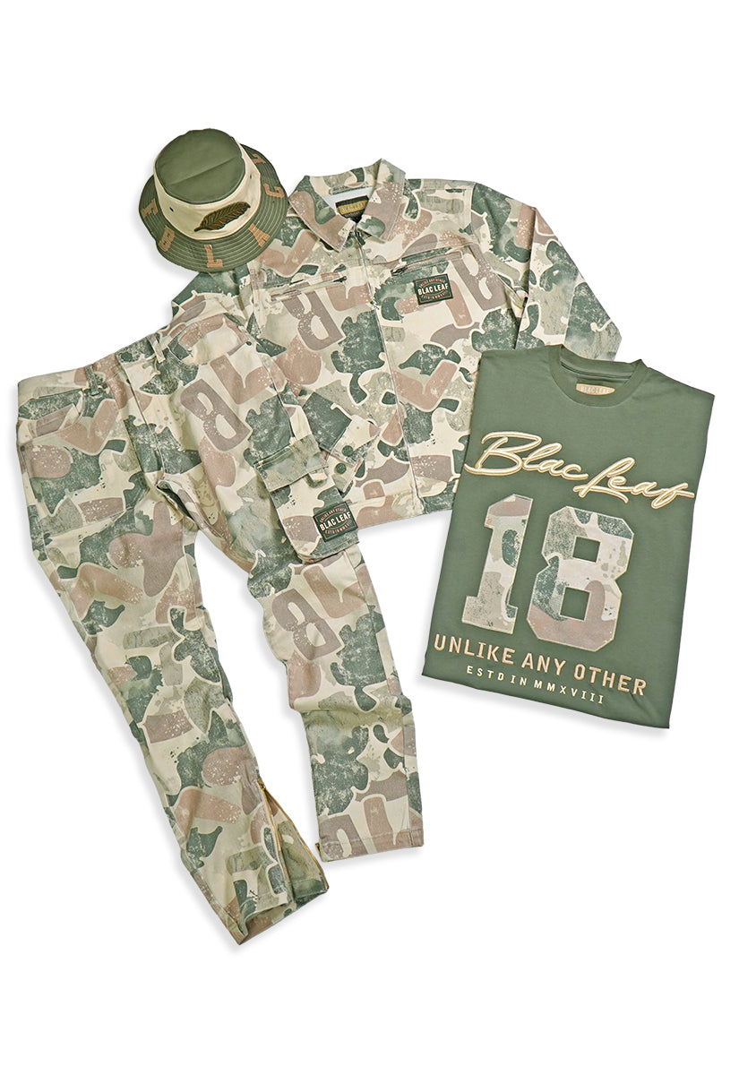 Rooted In Purpose Camo Jacket, Twill Pants, T-Shirt and Bucket Hat Bundle