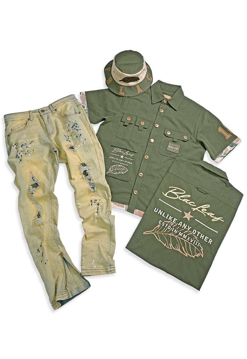 Unlike Any Other Button Up Shirt, Denim Jeans and Bucket Hat Bundle