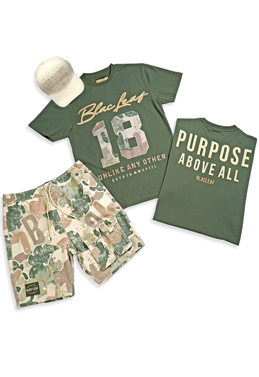 Purpose Above All Shirt, Camo Shorts and Strapback Hat Bundle