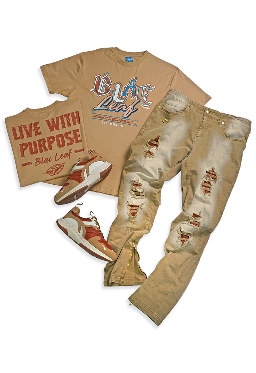 Greatness Within Patchwork Khaki Shirt, Denim Jeans and Sneakers Bundle