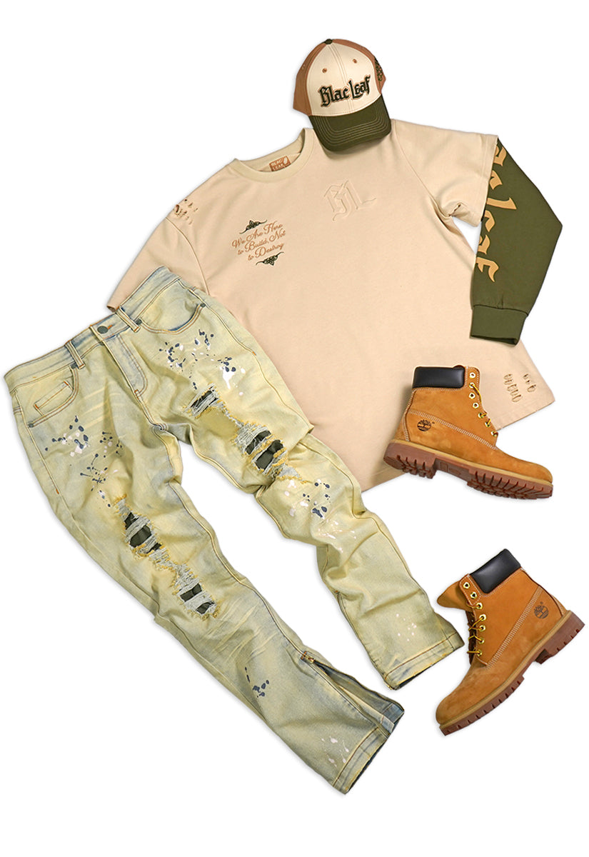 World To Build Heavy Weight Long Sleeve Shirt, Military Olive Denim Jeans and Dad Hat Bundle