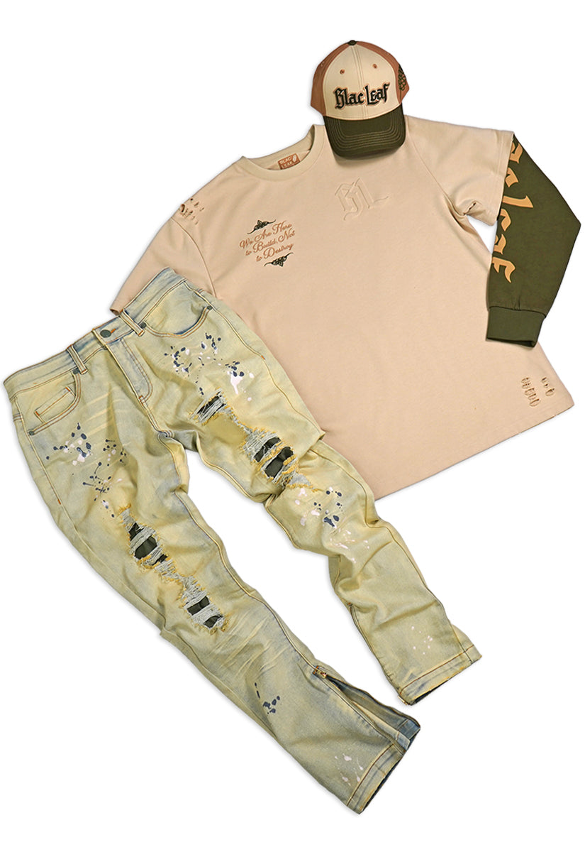 World To Build Heavy Weight Long Sleeve Shirt, Military Olive Denim Jeans and Dad Hat Bundle