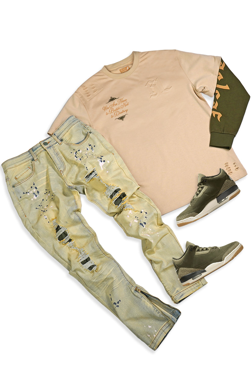 World To Build Heavy Weight Long Sleeve Shirt and Military Olive Denim Jeans Bundle (Shoes Not Included)