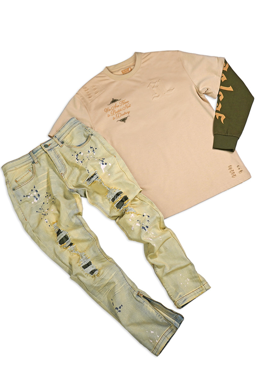 World To Build Heavy Weight Long Sleeve Shirt and Military Olive Denim Jeans Bundle (Shoes Not Included)