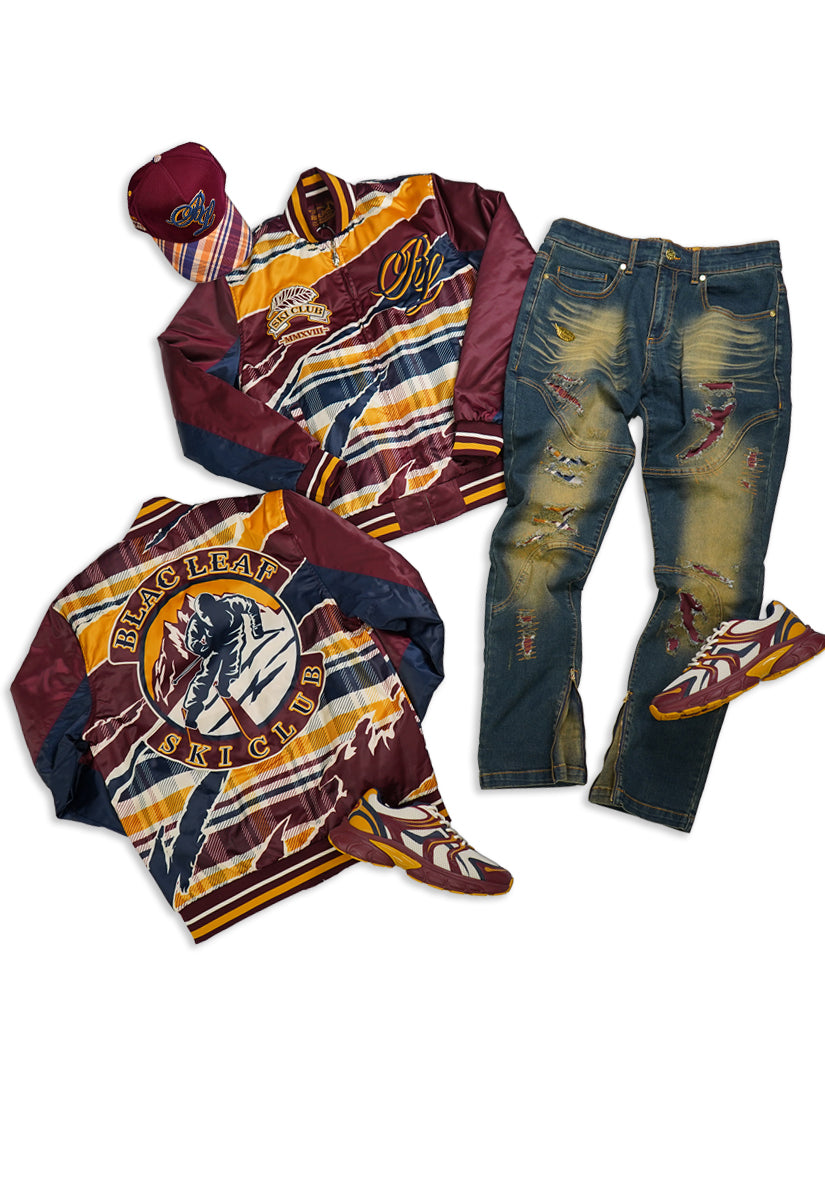 Blac Leaf Ski Club Bomber Jacket, Denim Jeans, Trucker Hat and G7 Sneakers Bundle