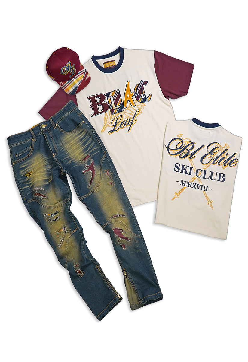 Plaid Patch Work Shirt, Denim Jeans and Trucker Hat Bundle