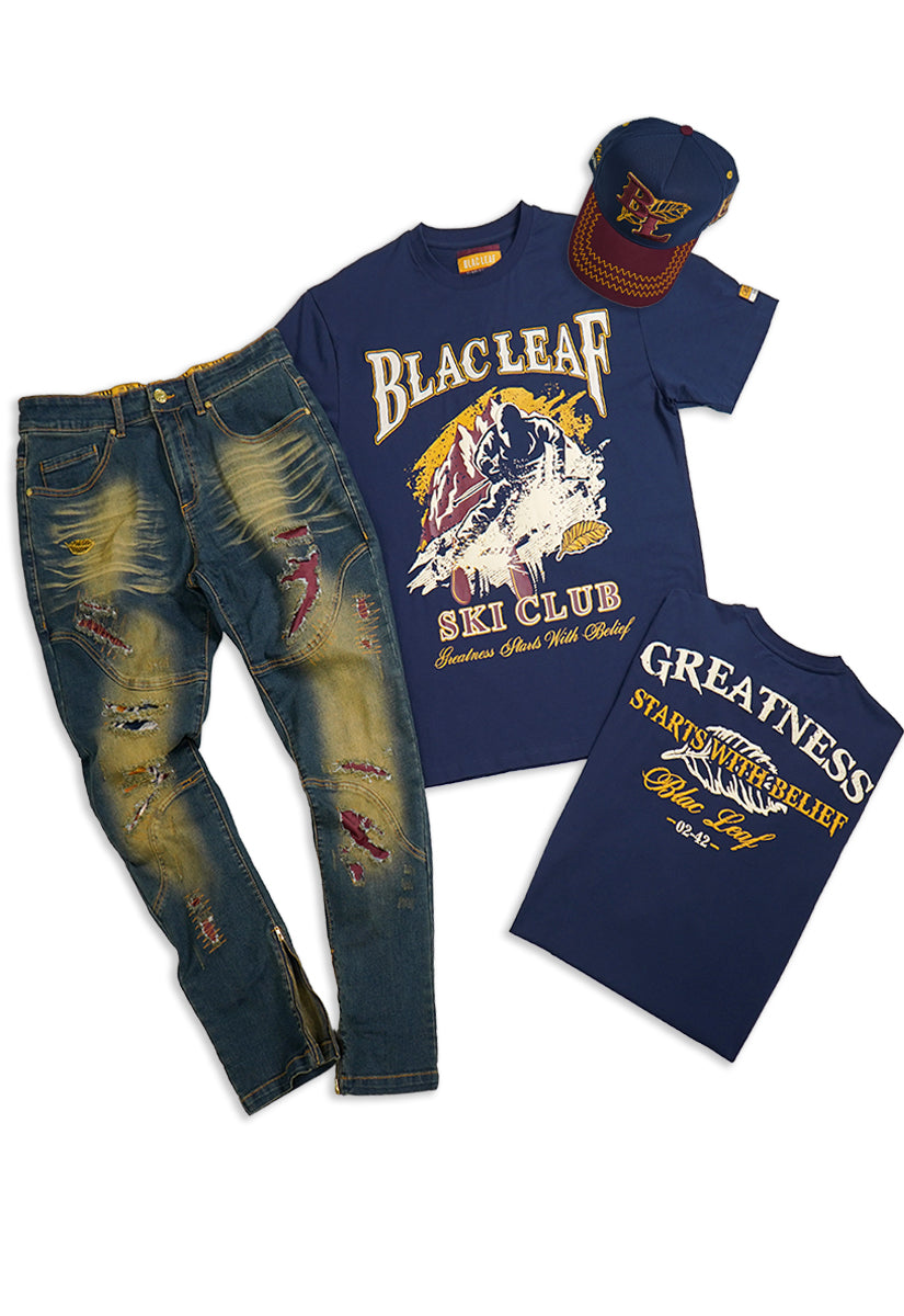 Greatness Starts With Belief T-Shirt, Denim Jeans and Trucker Hat Bundle