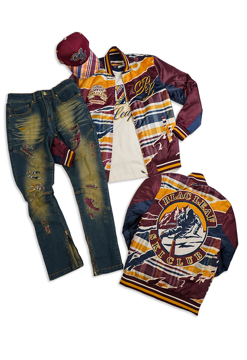 Blac Leaf Ski Club Bomber Jacket, Denim Jeans and Trucker Hat Bundle