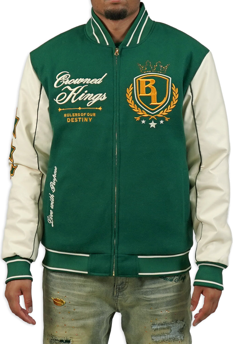 Green and white varsity jacket with branding on a plain background