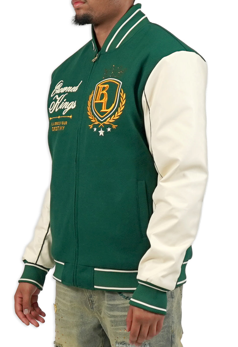 Green and white varsity jacket with a logo on a white background