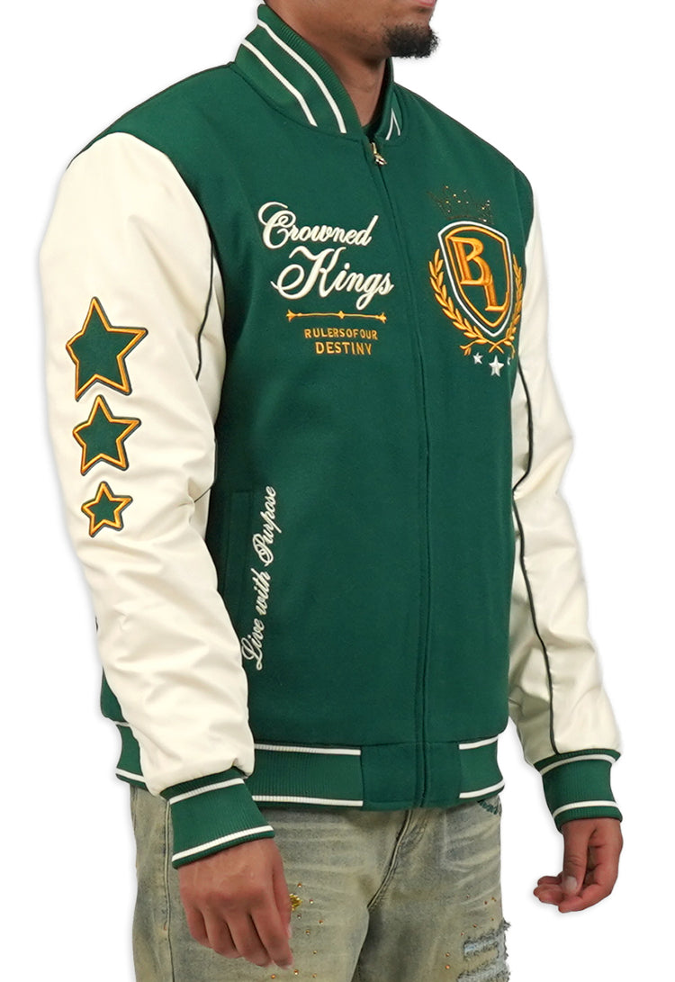 Green and white varsity jacket with branding and text on a white background