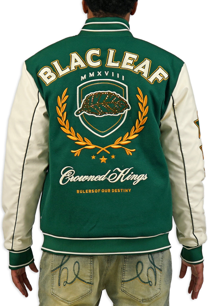 Green and white varsity jacket with 'Blac Leaf' branding on the back