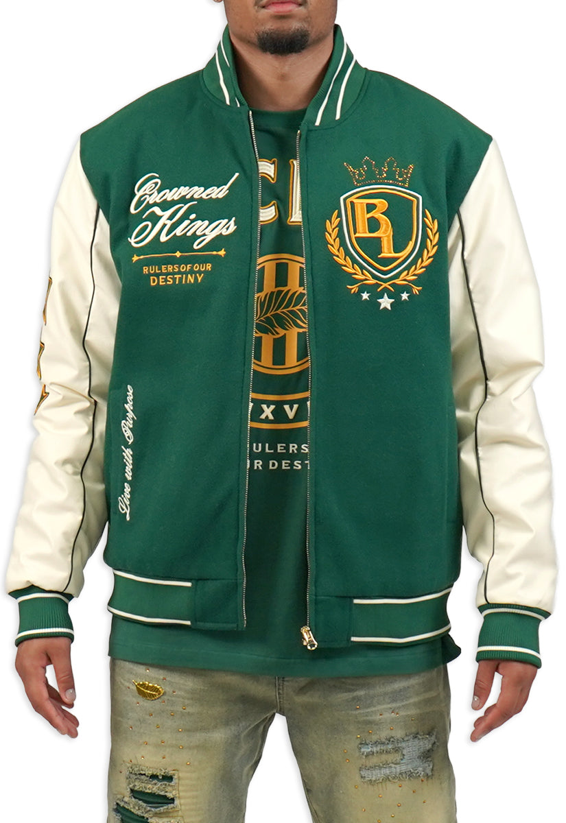 Green and white varsity jacket with logos and text on a white background