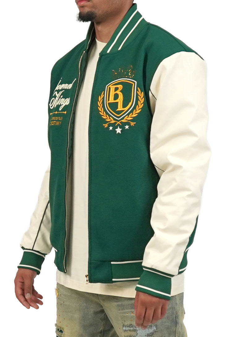 Green and white varsity jacket with a logo on a white background