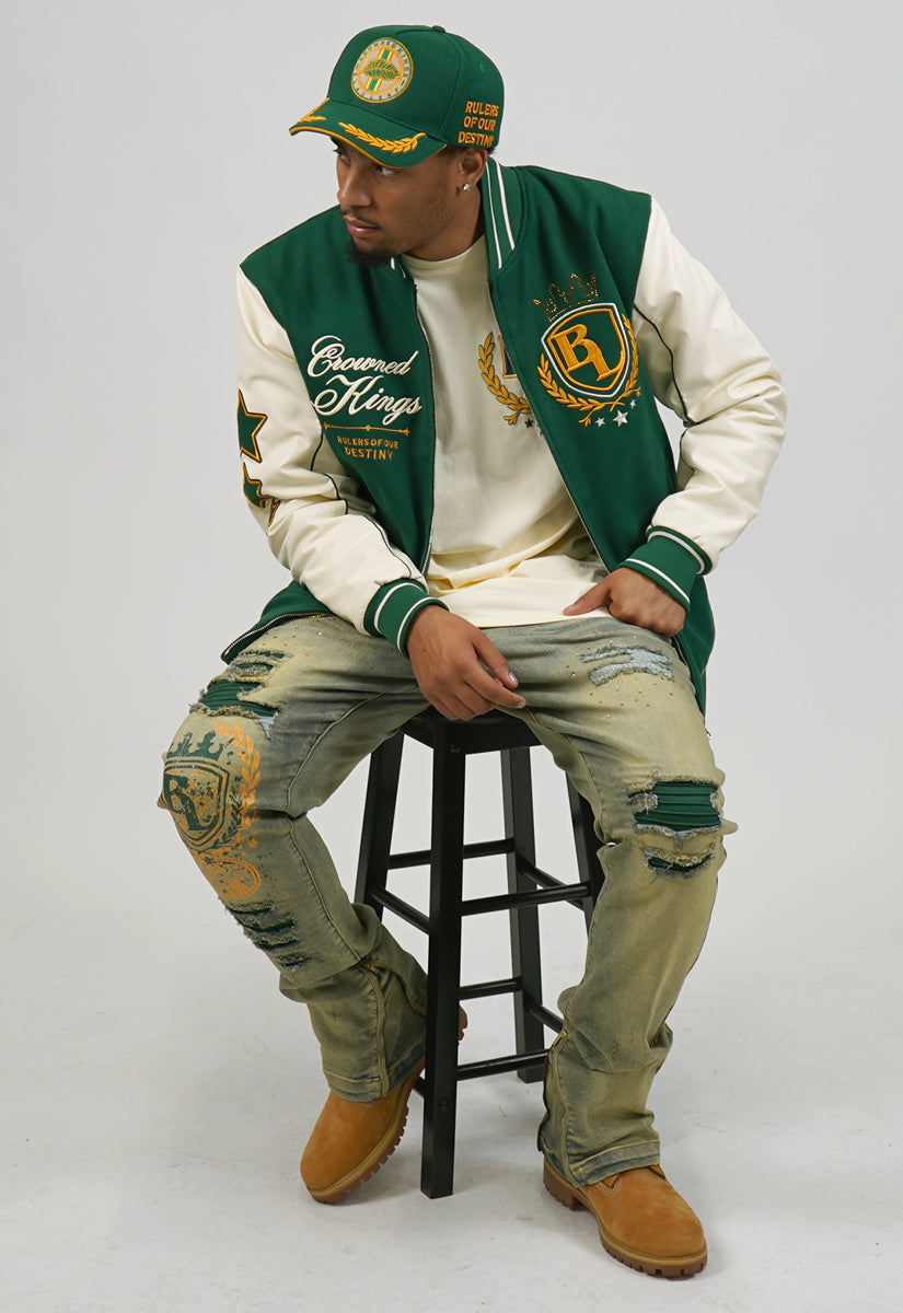 Crowned Kings Bomber Jacket, Jeans and Trucker Hat Bundle (Green/Natural)