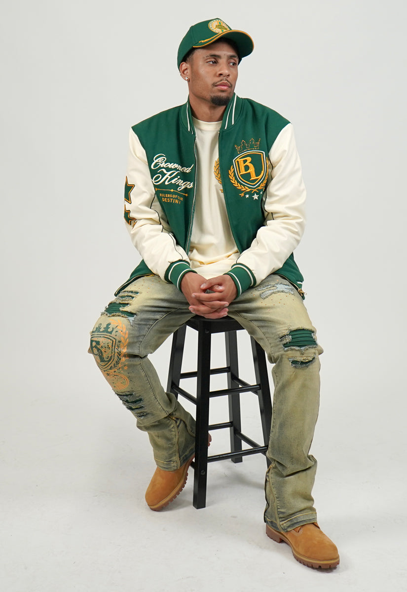 Crowned Kings Bomber Jacket, Jeans and Trucker Hat Bundle (Green/Natural)