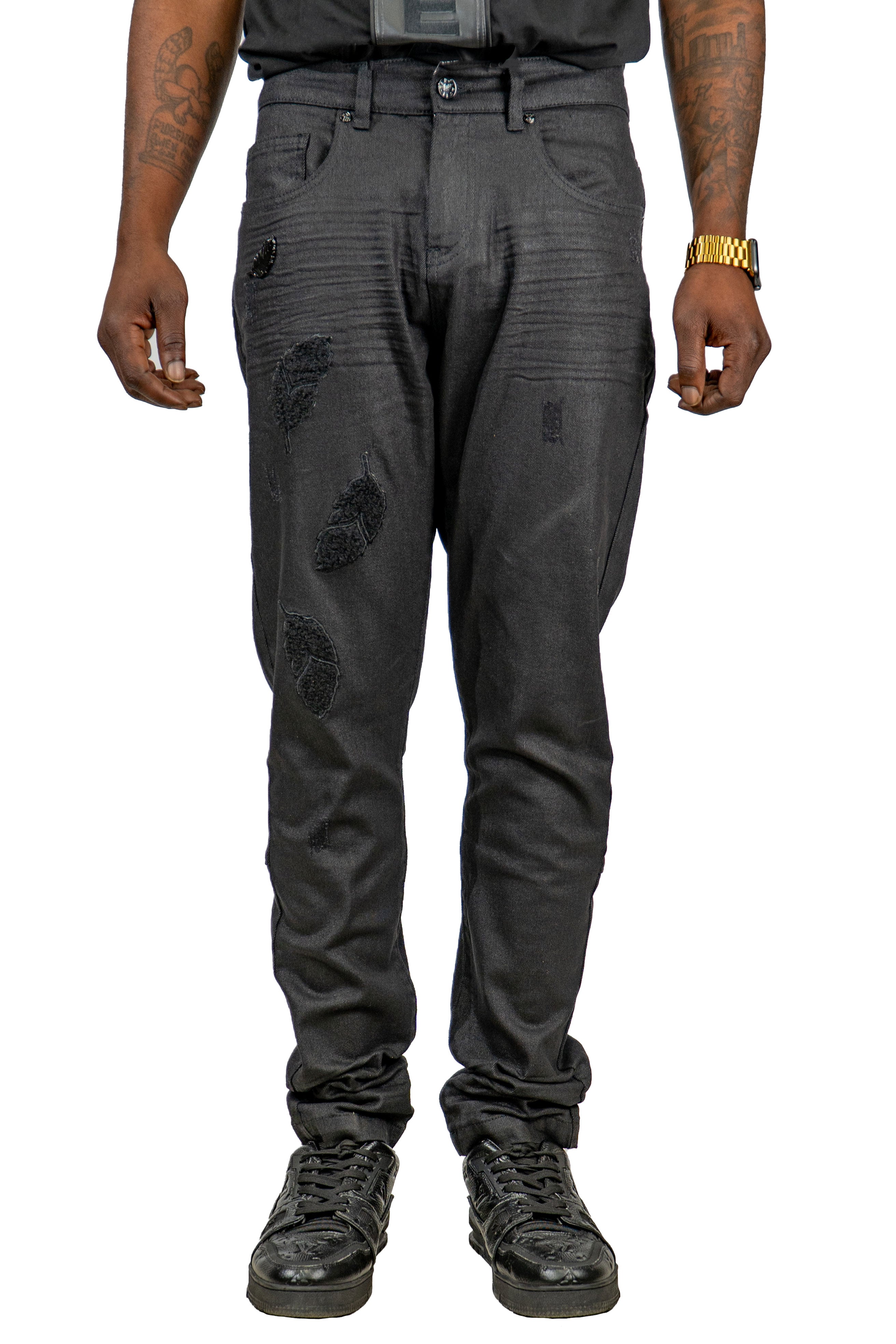Back To Black Denim Embroidered Jeans | Blac Leaf