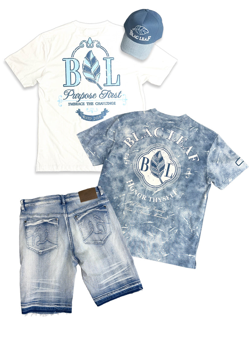Purpose First White Shirt, Honor Thyself Blue Shirt, Denim Shorts and Trucker Hat Bundle