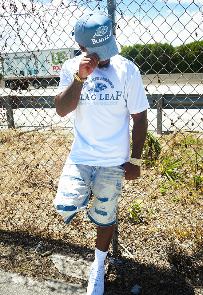 Purpose First White Shirt, Honor Thyself Blue Shirt, Denim Shorts and Trucker Hat Bundle