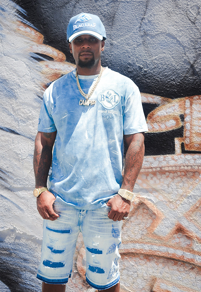Purpose First White Shirt, Honor Thyself Blue Shirt, Denim Shorts and Trucker Hat Bundle