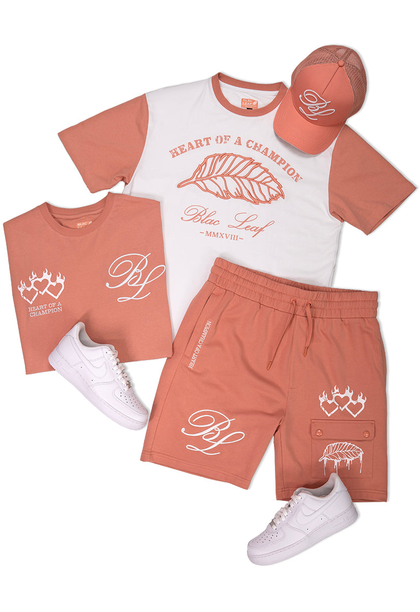 Triple Heart Salmon Shirt, Champion Shirt, Shorts and Trucker Hat Bundle (Shoes Not Included)