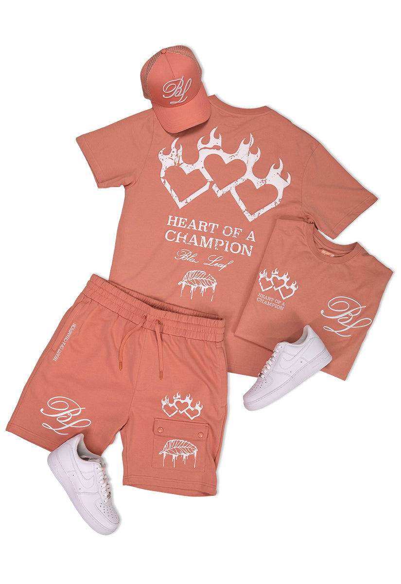 Triple Heart Salmon Shirt, Shorts and Trucker Hat Bundle (Shoes Not Included)