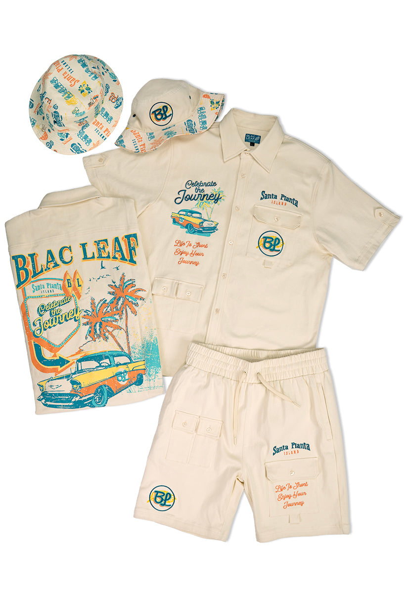 Celebrate The Journey Button Up Shirt, Utility Shorts and Bucket hat Bundle