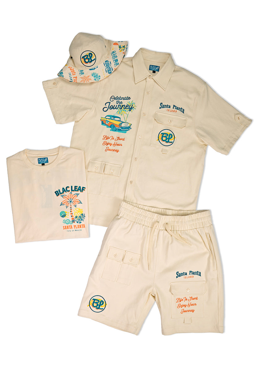 Celebrate The Journey Button Up Shirt, Life Shirt, Utility Shorts & Bucket Hat Bundle