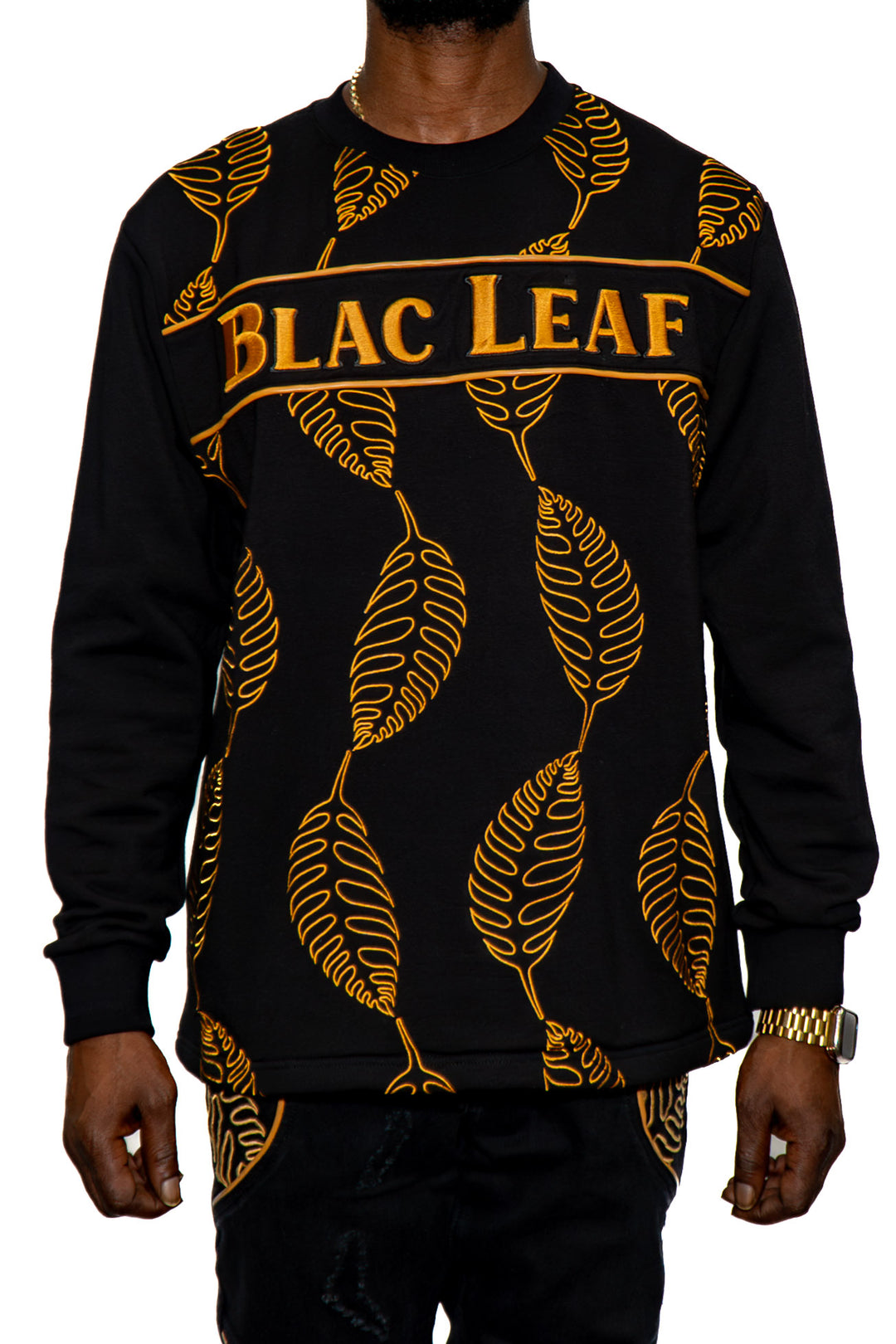 Premium Embroidered Leaf Pattern Crewneck