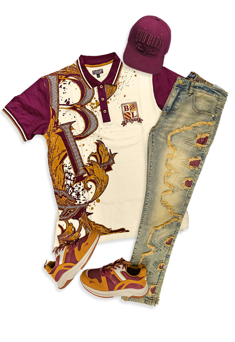 Academy Polo, Bitten Denim Jeans and Dad Hat Bundle (Sneakers Not Included)