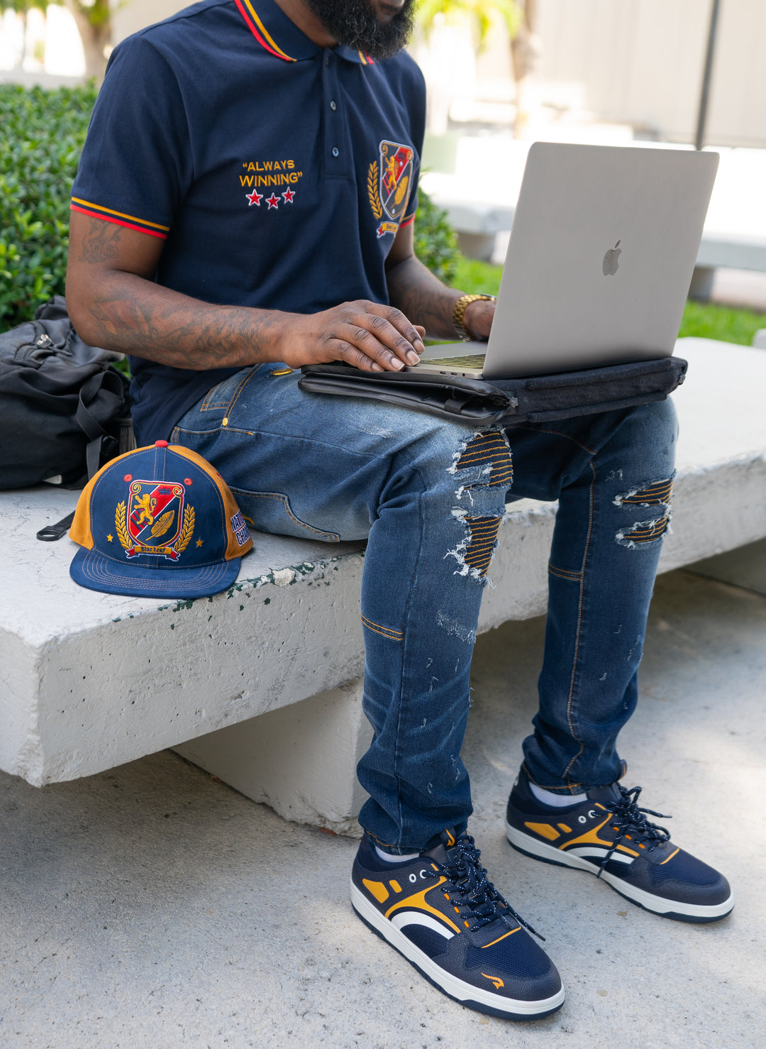 National Champs Embroidered Polo, Jeans and Sneaker Combo