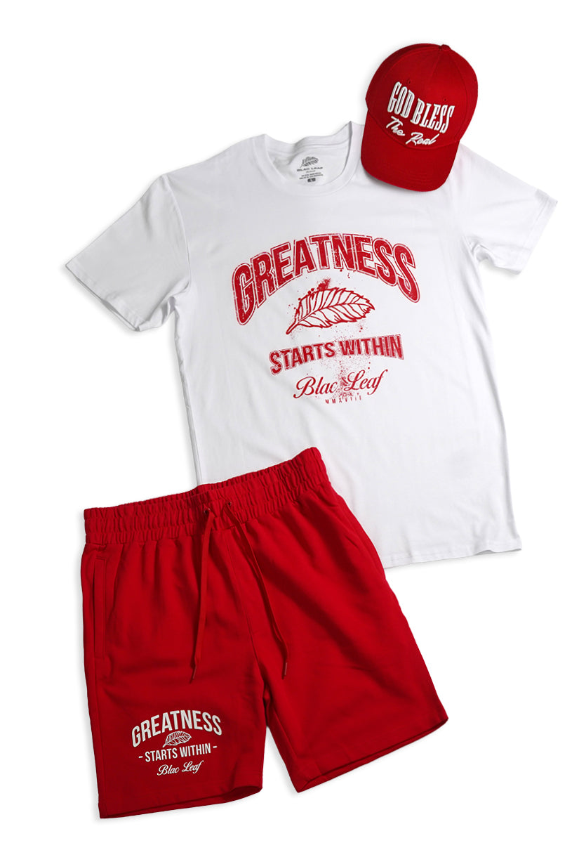 Greatness Starts Within White Domestic Tee, Shorts and Trucker Hat Bundle