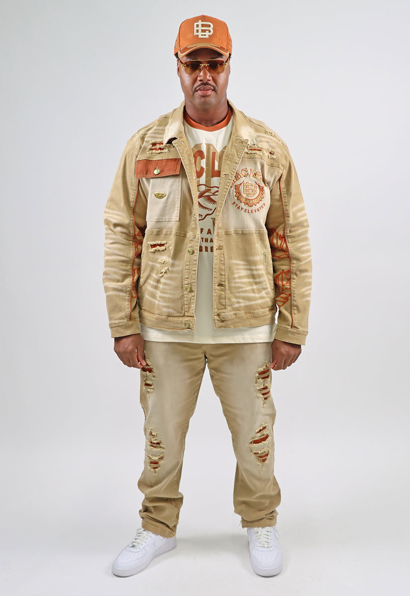 Stay Elevated Denim Jacket, Jeans, One of a Kind T-shirt, Bucket Hat, and G7 Sneakers