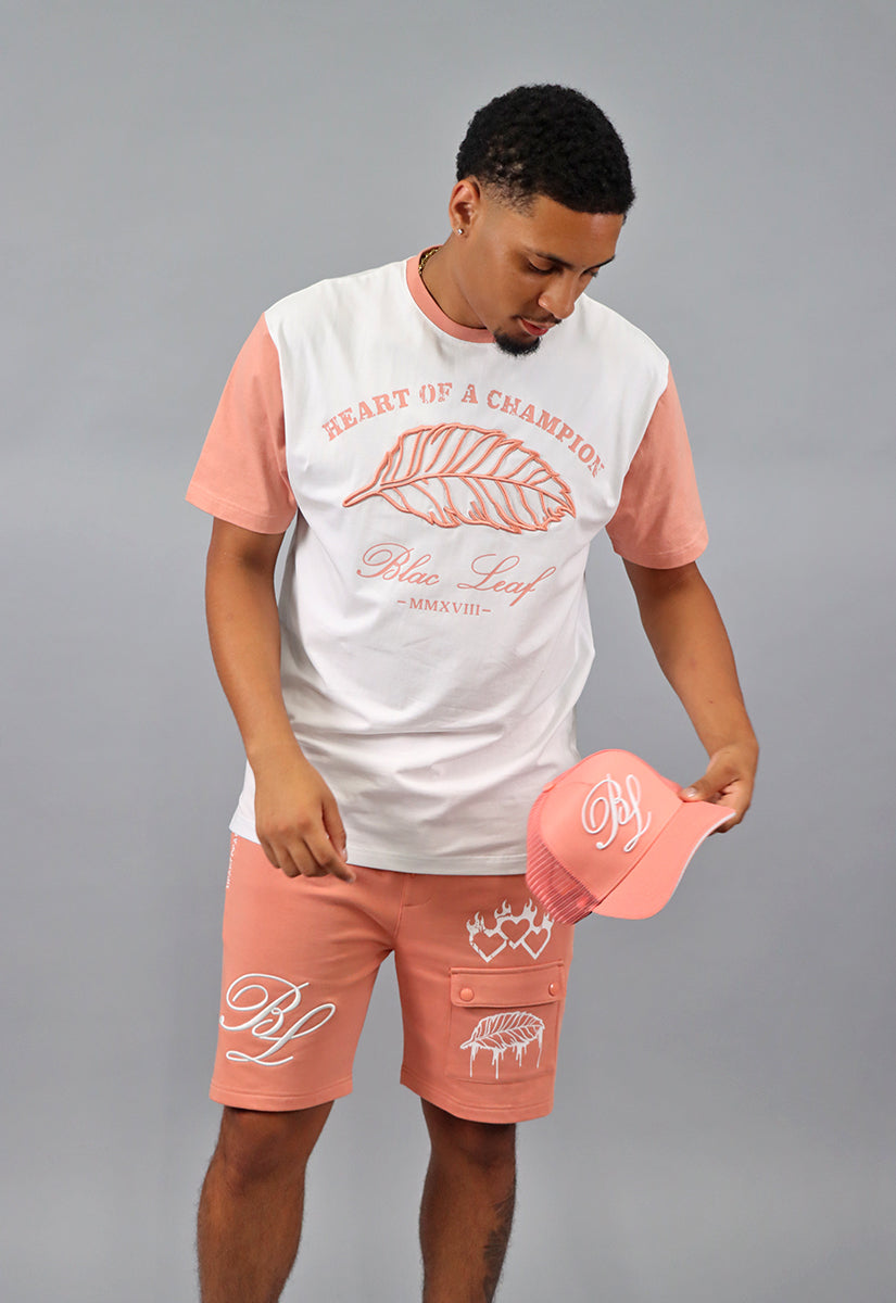Triple Heart Salmon Shirt, Champion Shirt, Shorts and Trucker Hat Bundle (Shoes Not Included)