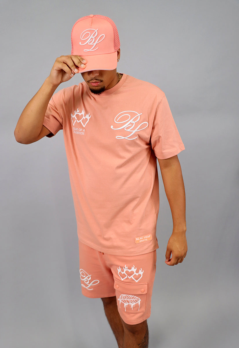Triple Heart Salmon Shirt, Shorts and Trucker Hat Bundle (Shoes Not Included)