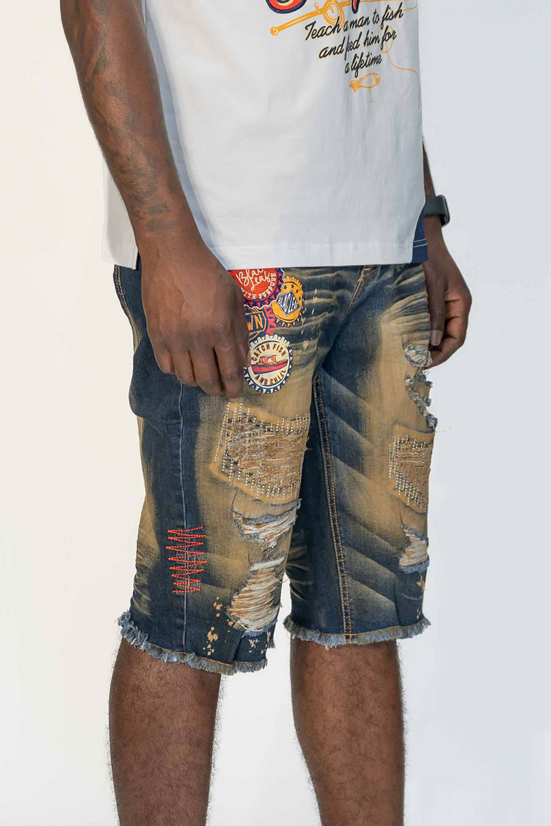 Finest Quality Denim Distressed Embroidered Patch Shorts