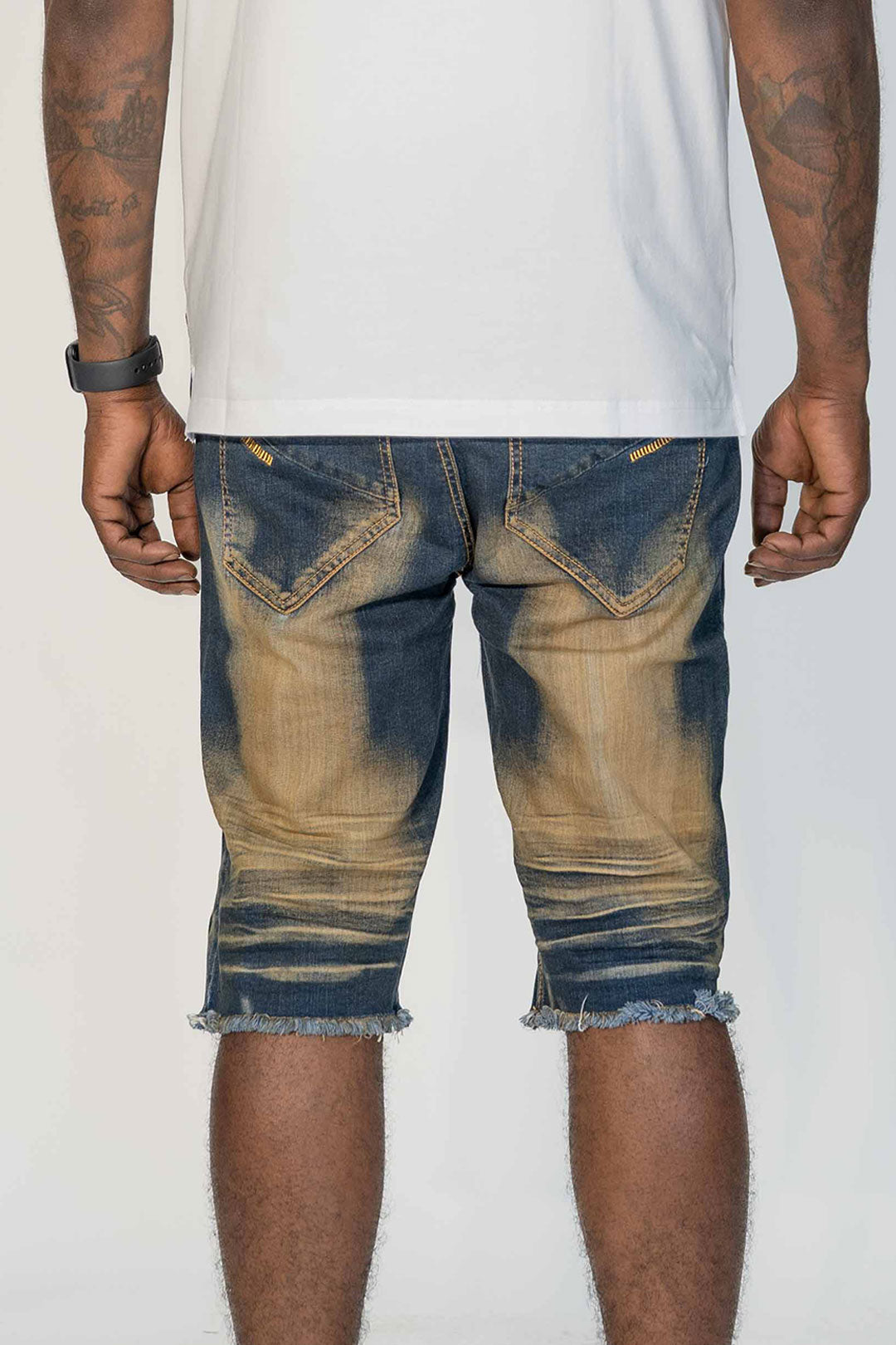 Finest Quality Denim Distressed Embroidered Patch Shorts