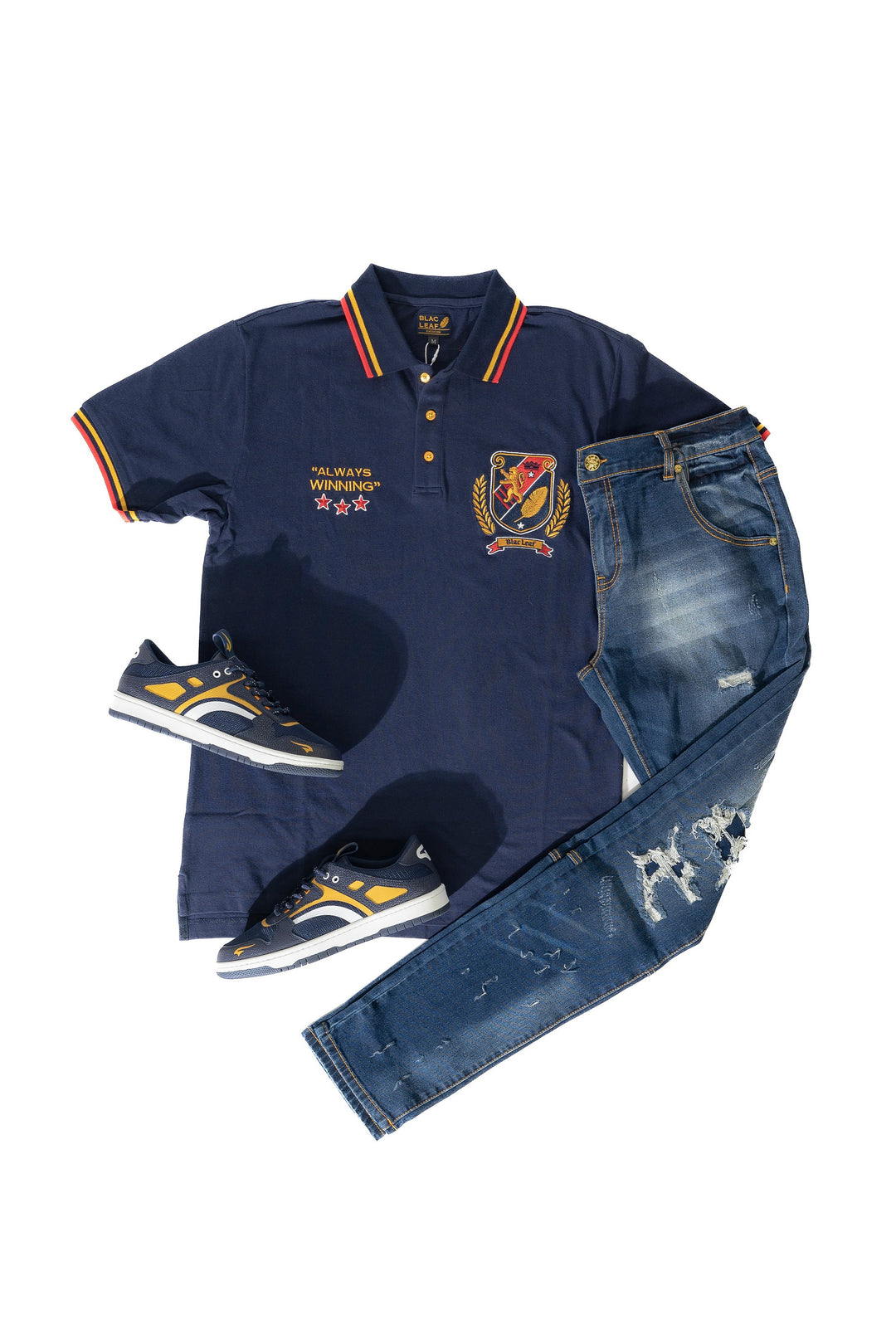 National Champs Embroidered Polo, Jeans and Sneaker Combo