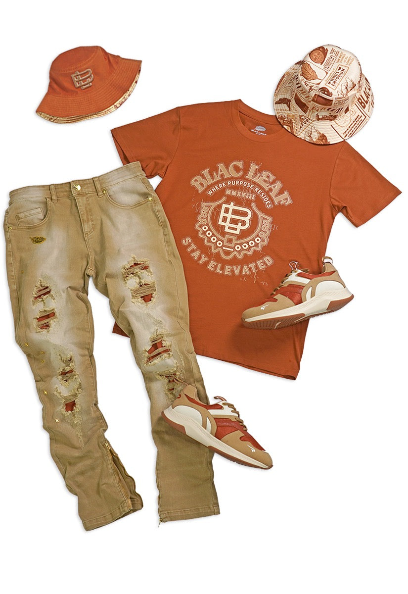 Rust Color Shirt Bundle with Jeans, Sneakers and Bucket Hat