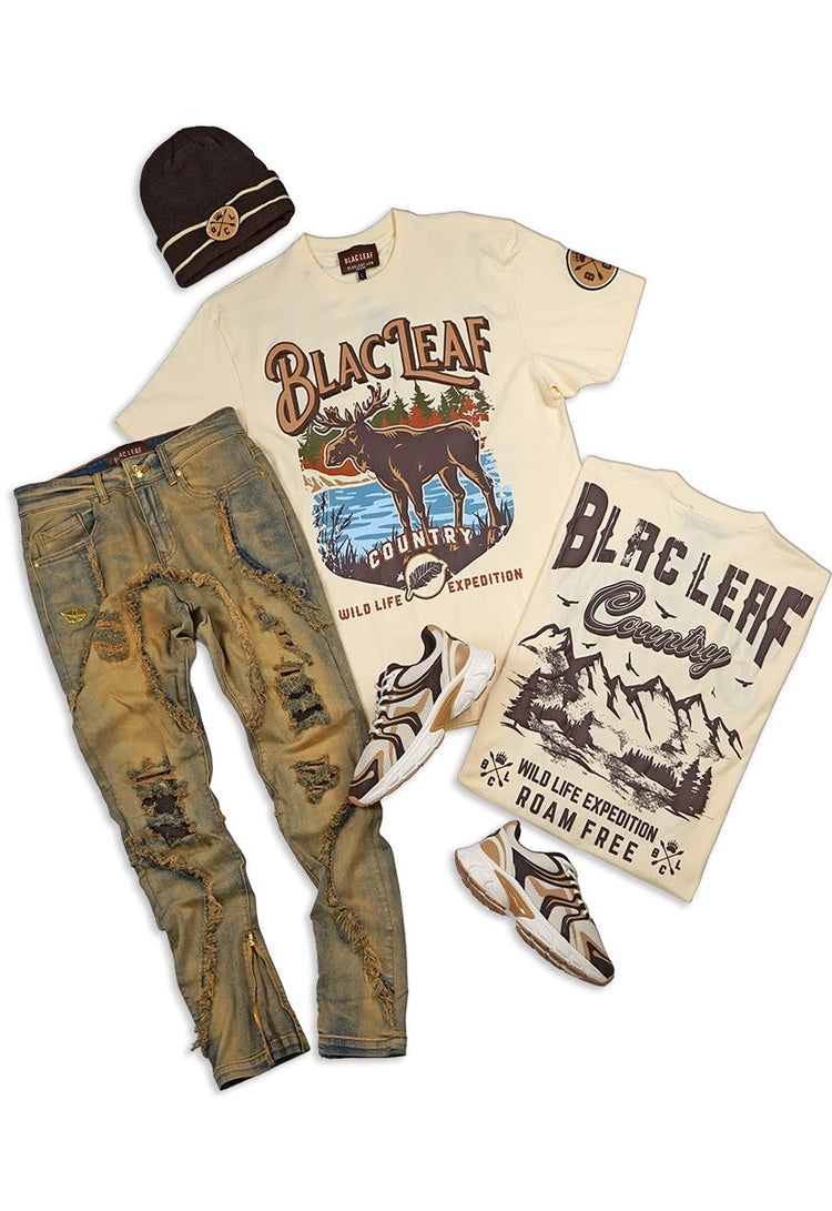 Stylish Cream T-Shirt, Denim Jeans and Beanie Bundle.