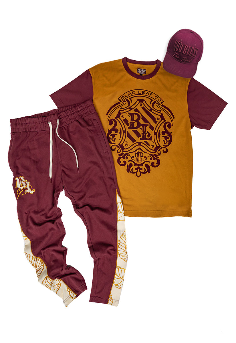 Luxury Velvet Crest Shirt, P.O.T Fleece Jogger and Burgundy Strapback Hat Bundle