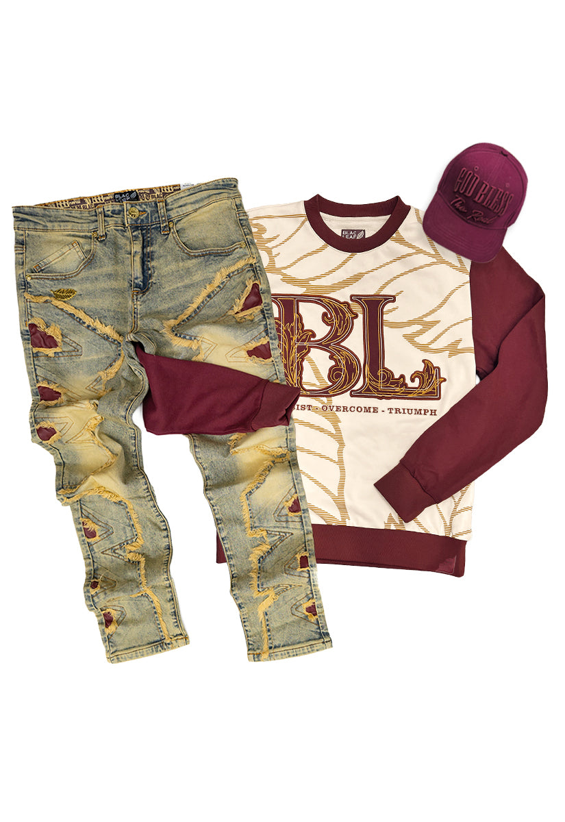 P.O.T. Crewneck Sweater, Denim Jeans and Dad Hat Bundle