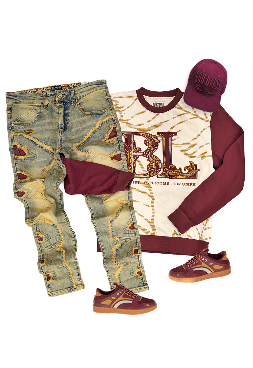 P.O.T. Crewneck Sweater, Denim Jeans, Sneaker and Dad Hat Bundle