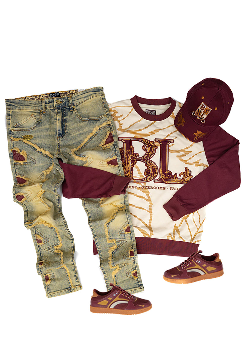 P.O.T. Crewneck Sweater, Denim Jeans, Sneaker & Dad Hat Bundle